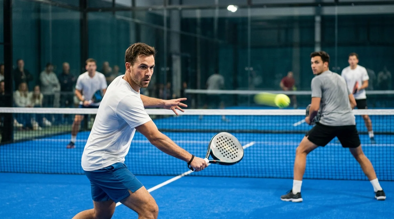 Padel-Doppel im Ballwechsel an der Glasrückwand während eines Hallenmatches — Live-Quoten reagieren im Sekundentakt