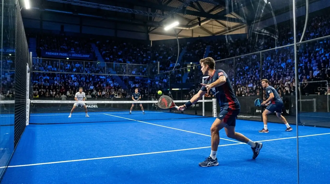 Padel-Doppel-Match in einer großen Eventhalle mit Glasrückwand und Tribünen während eines deutschen Premier-Padel-Turniers